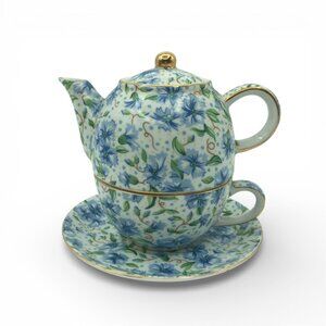 Ainsley Chintz Two's Company Teapot Cup Saucer Stackable Blue White Floral Set